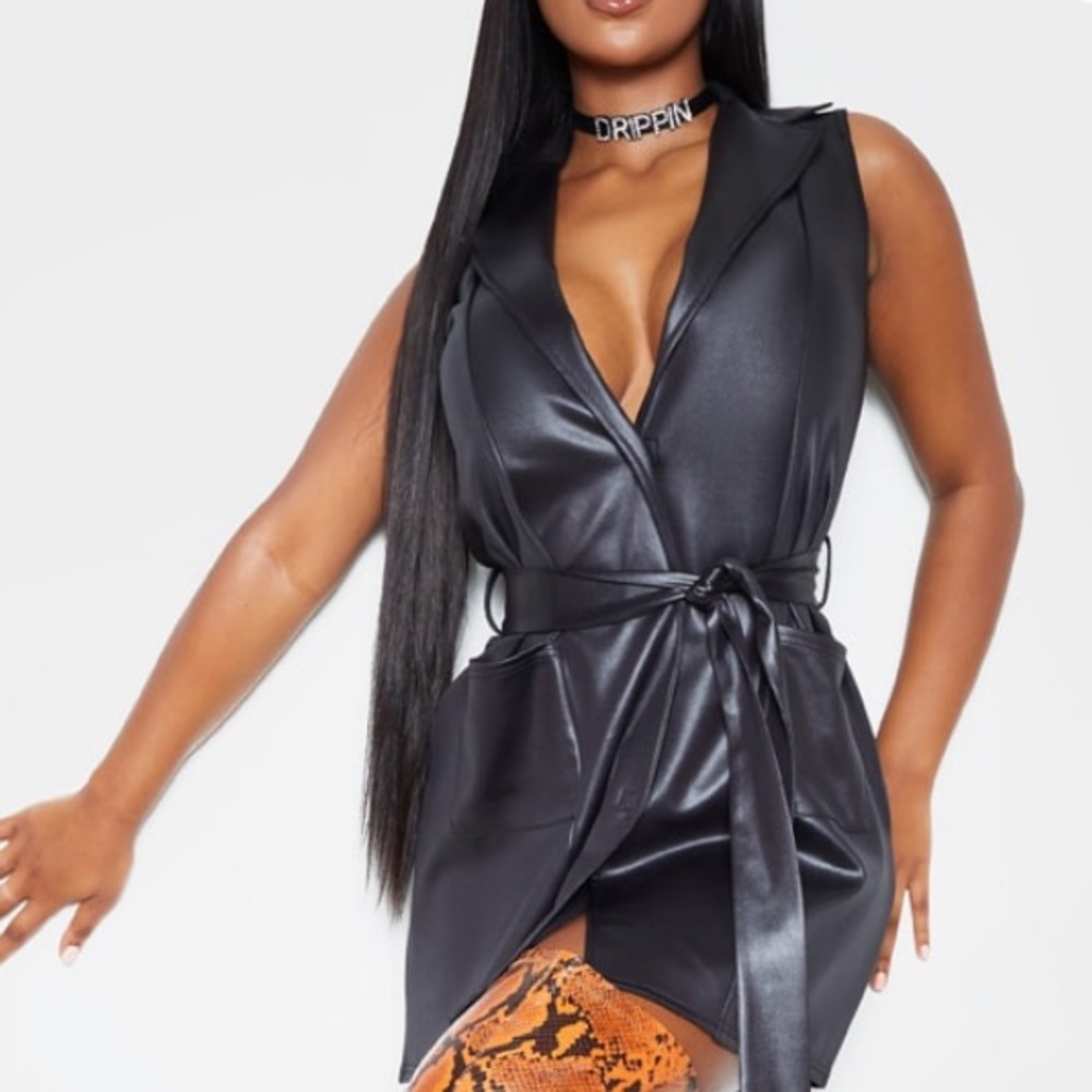 NWT Black PU Sleeveless Tie Waist Blazer Dress